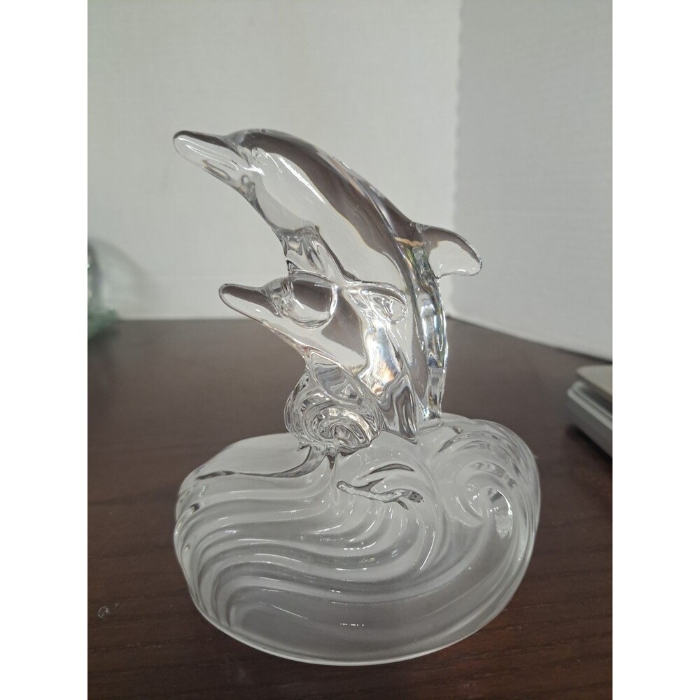 Vintage Royal Crystal Rock (RCR) Lead  Crystal Mother And Calf Dolphin Figurine